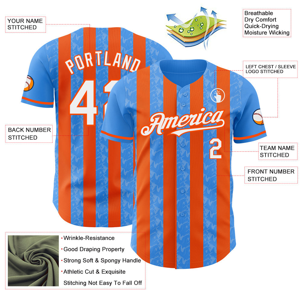 Custom Electric Blue White-Orange Classic Vertical Stripe Fluid Liquid Texture Authentic Baseball Jersey view 3