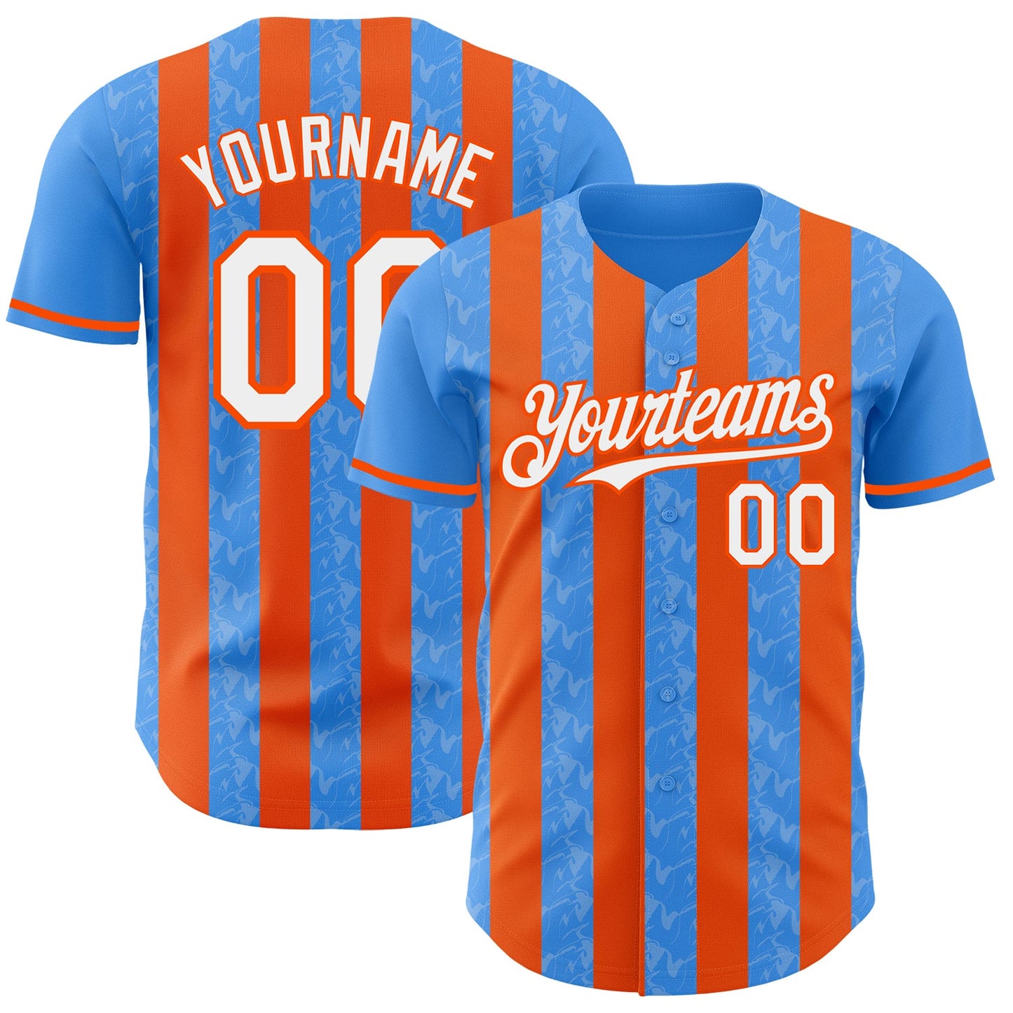 Custom Electric Blue White-Orange Classic Vertical Stripe Fluid Liquid Texture Authentic Baseball Jersey - Main View