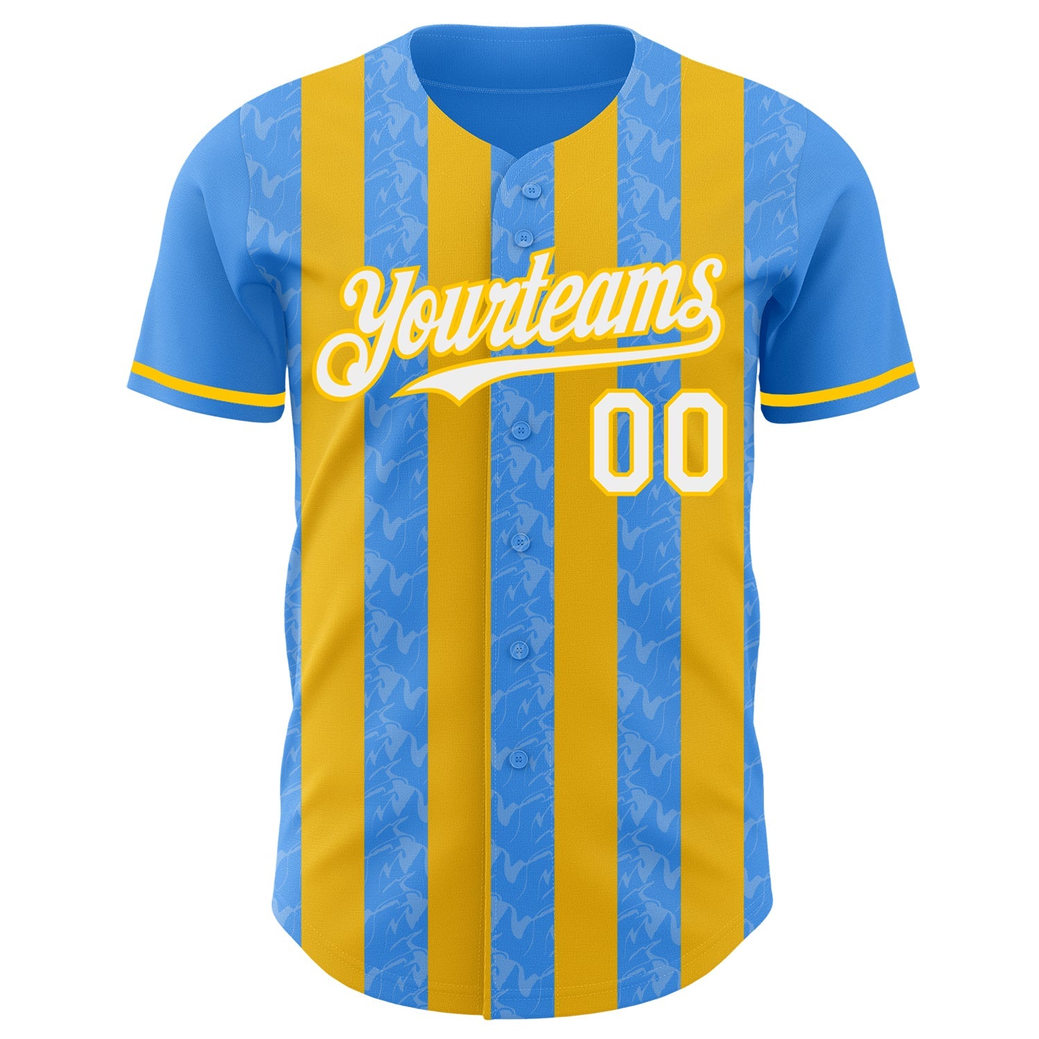 Custom Electric Blue White-Yellow Classic Vertical Stripe Fluid Liquid Texture Authentic Baseball Jersey view 2
