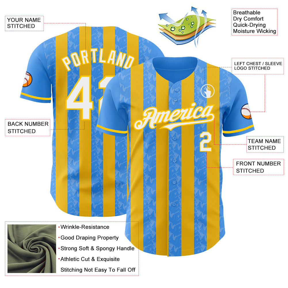Custom Electric Blue White-Yellow Classic Vertical Stripe Fluid Liquid Texture Authentic Baseball Jersey view 3