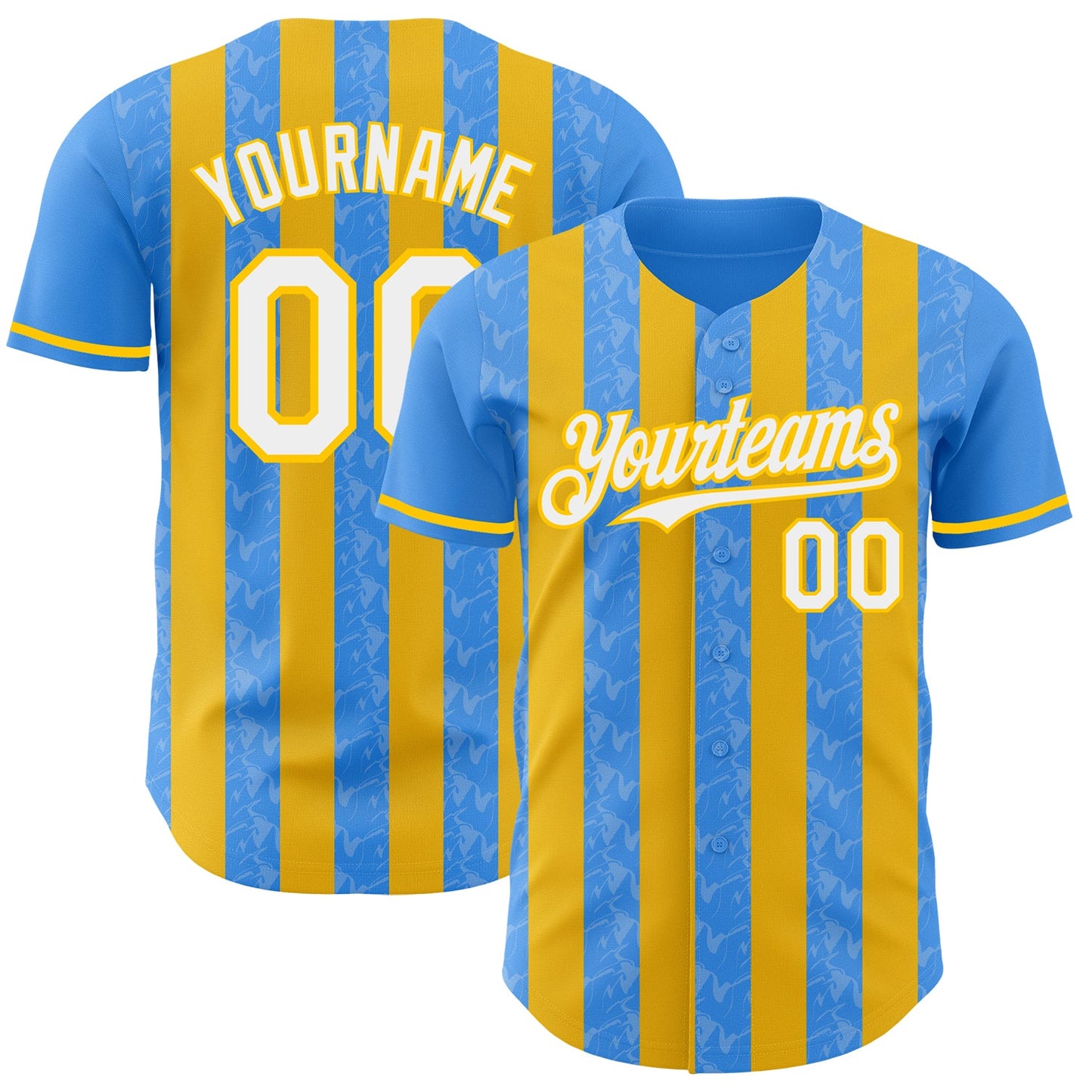 Custom Electric Blue White-Yellow Classic Vertical Stripe Fluid Liquid Texture Authentic Baseball Jersey - Main View