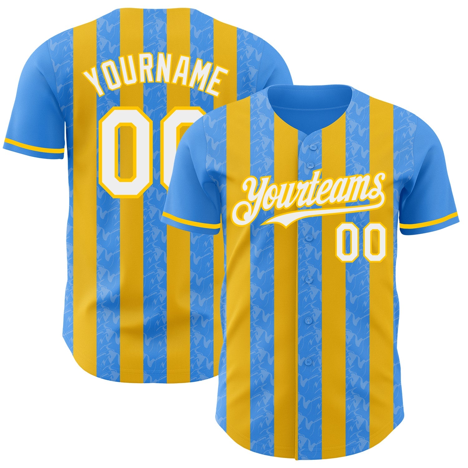 Custom Electric Blue White-Yellow Classic Vertical Stripe Fluid Liquid Texture Authentic Baseball Jersey - Main View