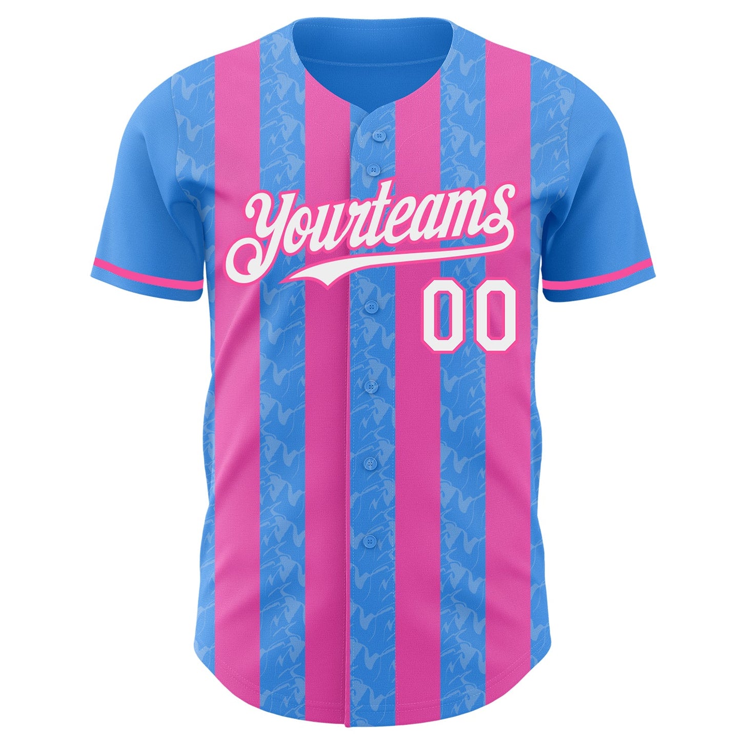 Custom Electric Blue White-Pink Classic Vertical Stripe Fluid Liquid Texture Authentic Baseball Jersey view 2
