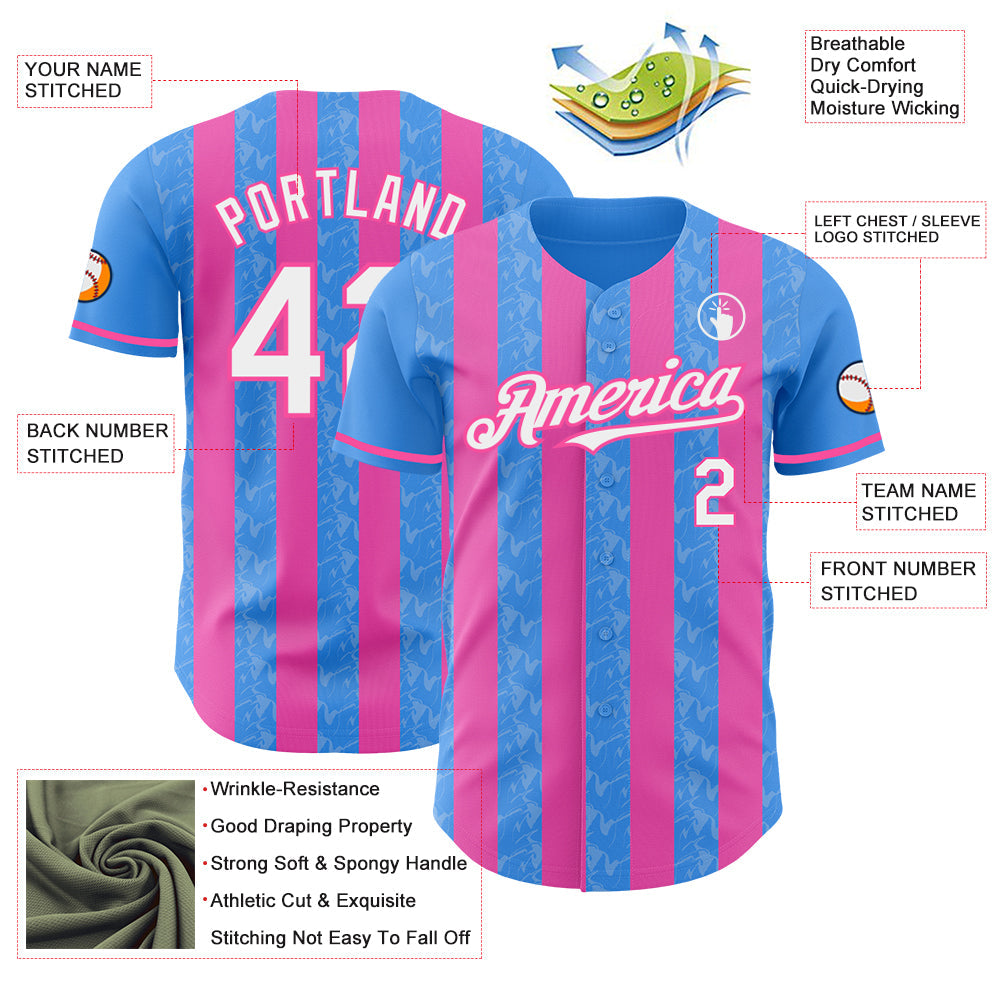 Custom Electric Blue White-Pink Classic Vertical Stripe Fluid Liquid Texture Authentic Baseball Jersey view 3