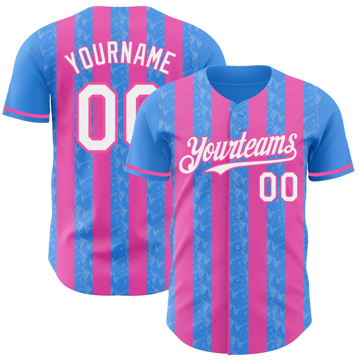 Custom Electric Blue White-Pink Classic Vertical Stripe Fluid Liquid Texture Authentic Baseball Jersey - Main View