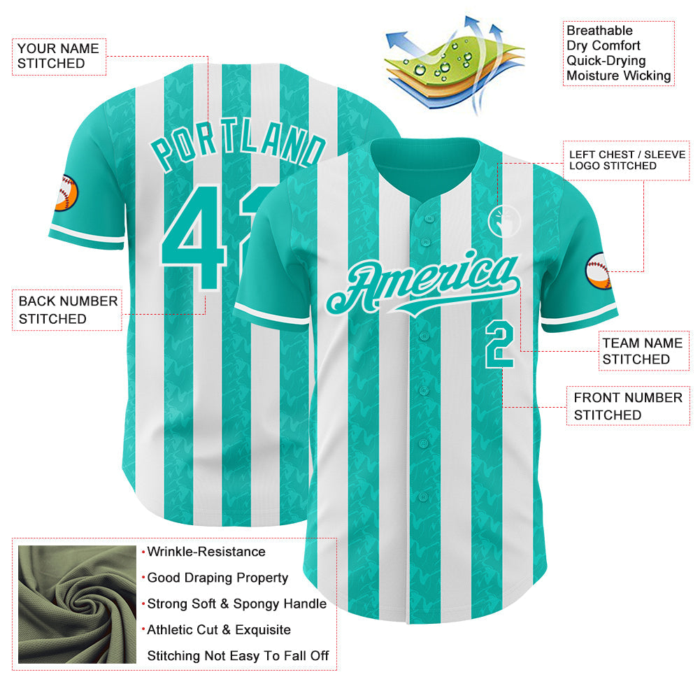Custom Aqua-White Classic Vertical Stripe Fluid Liquid Texture Authentic Baseball Jersey view 3