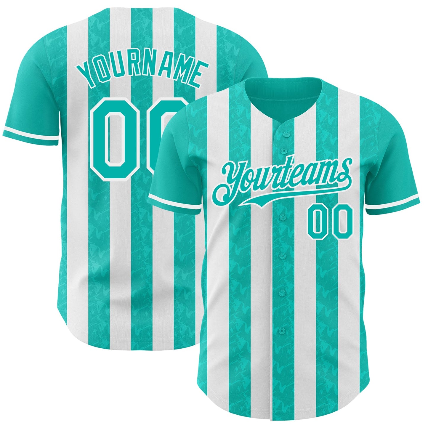 Custom Aqua-White Classic Vertical Stripe Fluid Liquid Texture Authentic Baseball Jersey - Main View