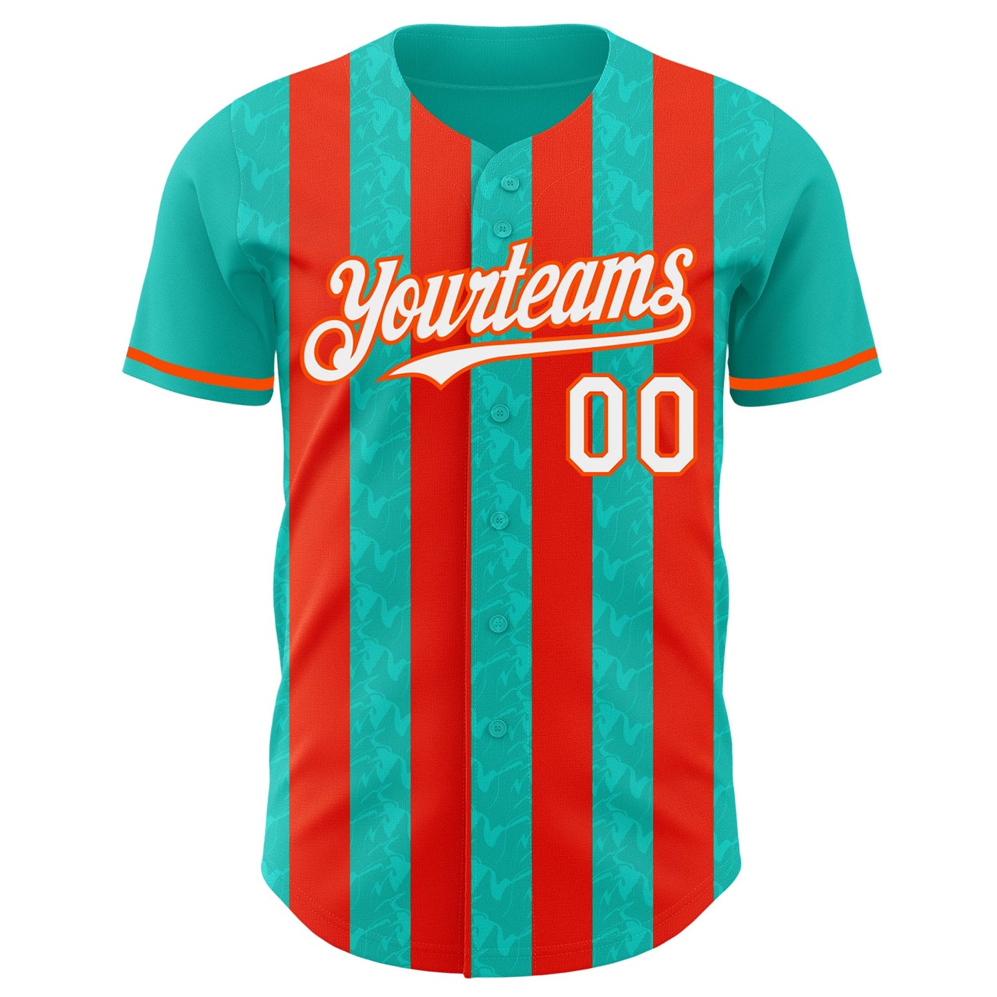 Custom Aqua White-Orange Classic Vertical Stripe Fluid Liquid Texture Authentic Baseball Jersey view 2