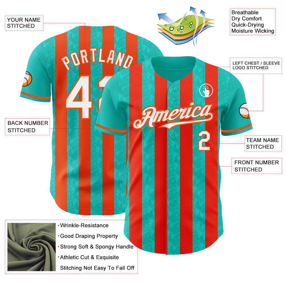 Custom Aqua White-Orange Classic Vertical Stripe Fluid Liquid Texture Authentic Baseball Jersey view 3