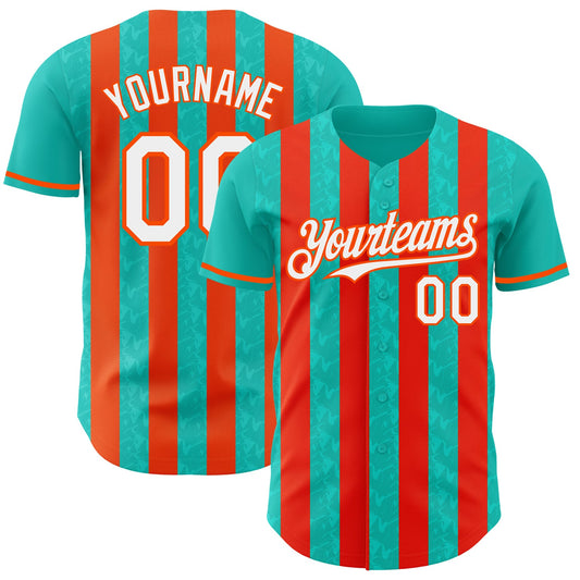 Custom Aqua White-Orange Classic Vertical Stripe Fluid Liquid Texture Authentic Baseball Jersey - Main View