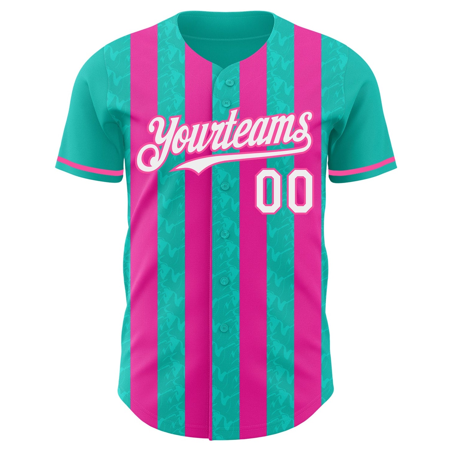 Custom Aqua White-Pink Classic Vertical Stripe Fluid Liquid Texture Authentic Baseball Jersey view 2