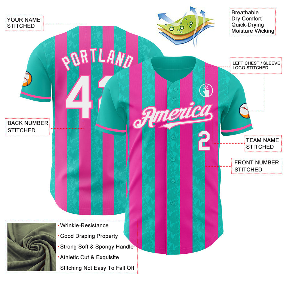 Custom Aqua White-Pink Classic Vertical Stripe Fluid Liquid Texture Authentic Baseball Jersey view 3