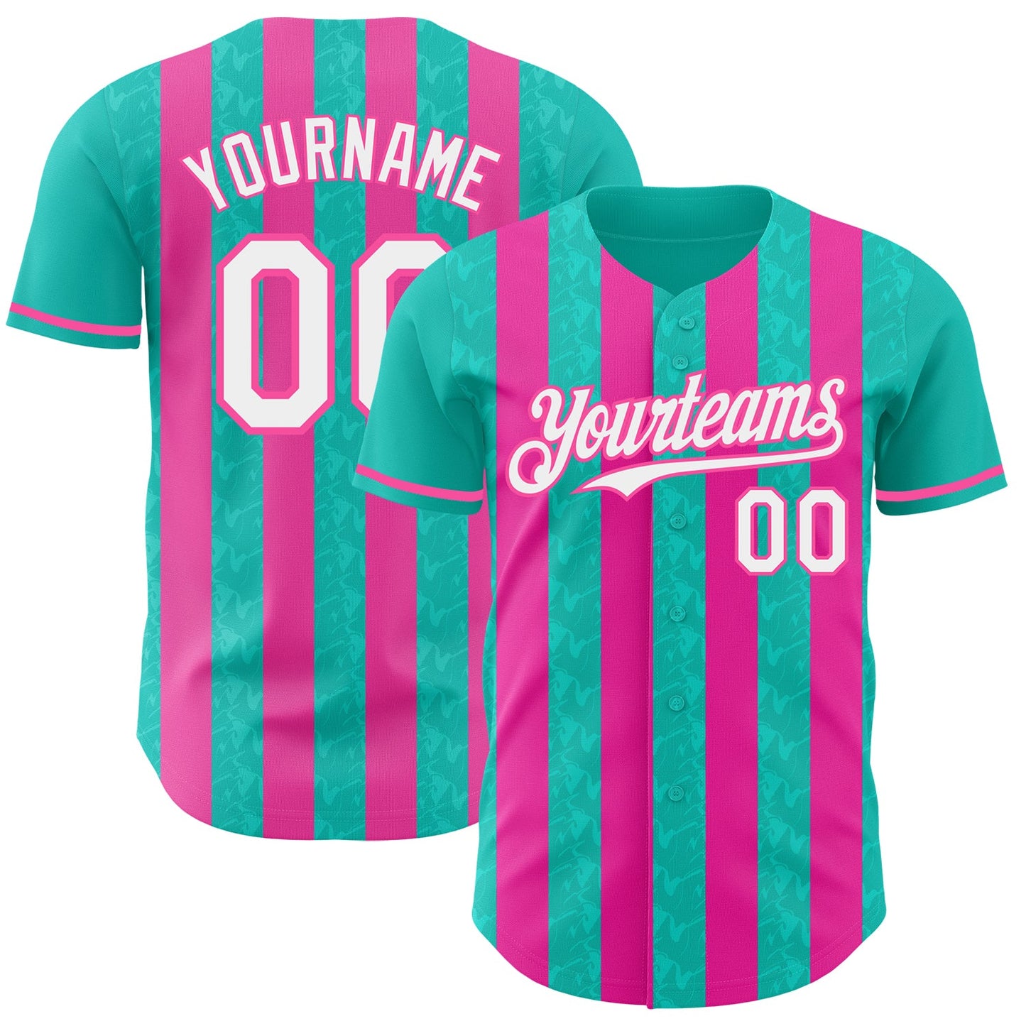 Custom Aqua White-Pink Classic Vertical Stripe Fluid Liquid Texture Authentic Baseball Jersey - Main View