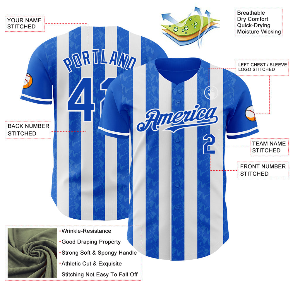 Custom Thunder Blue-White Classic Vertical Stripe Fluid Liquid Texture Authentic Baseball Jersey view 3