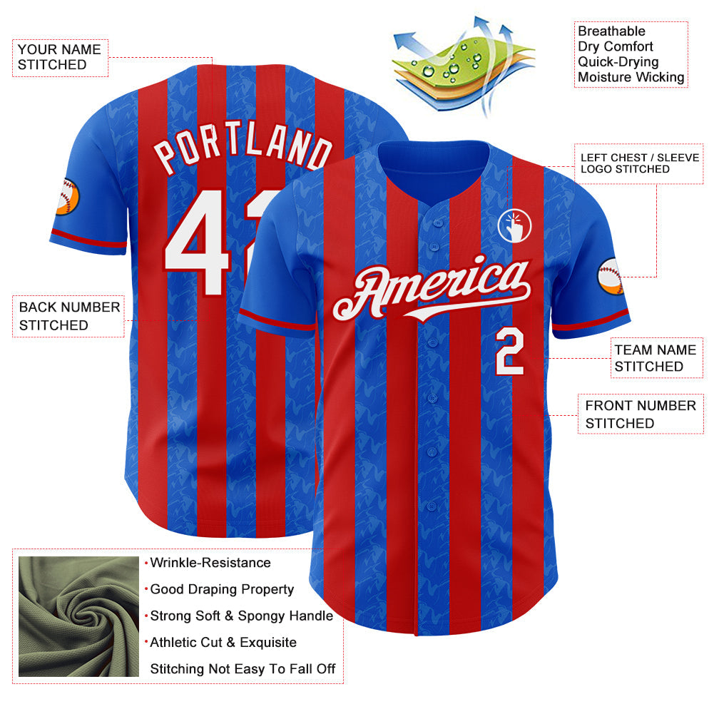 Custom Thunder Blue White-Red Classic Vertical Stripe Fluid Liquid Texture Authentic Baseball Jersey view 3