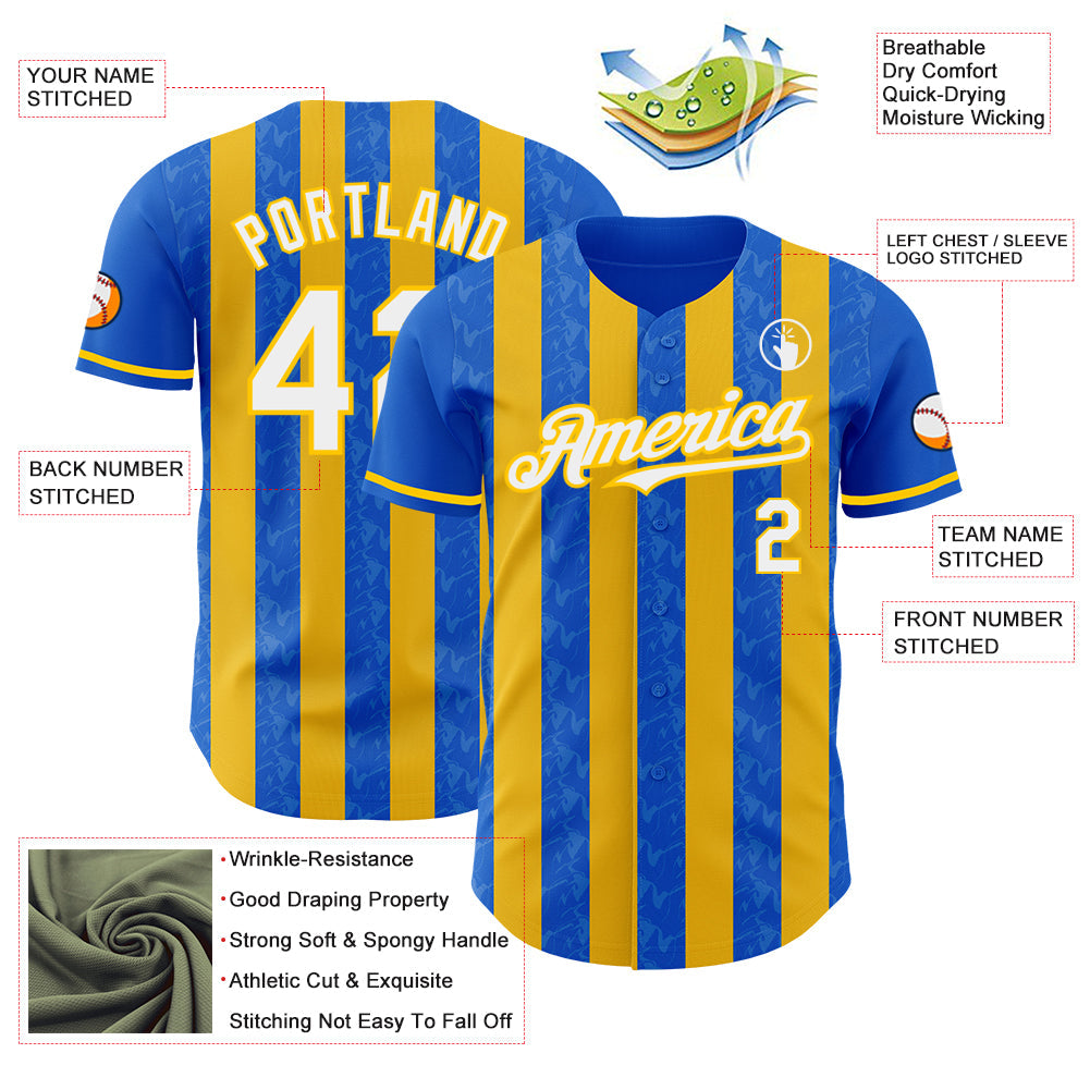 Custom Thunder Blue White-Yellow Classic Vertical Stripe Fluid Liquid Texture Authentic Baseball Jersey view 3