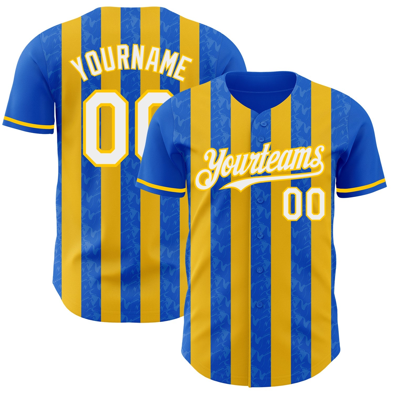 Custom Thunder Blue White-Yellow Classic Vertical Stripe Fluid Liquid Texture Authentic Baseball Jersey - Main View
