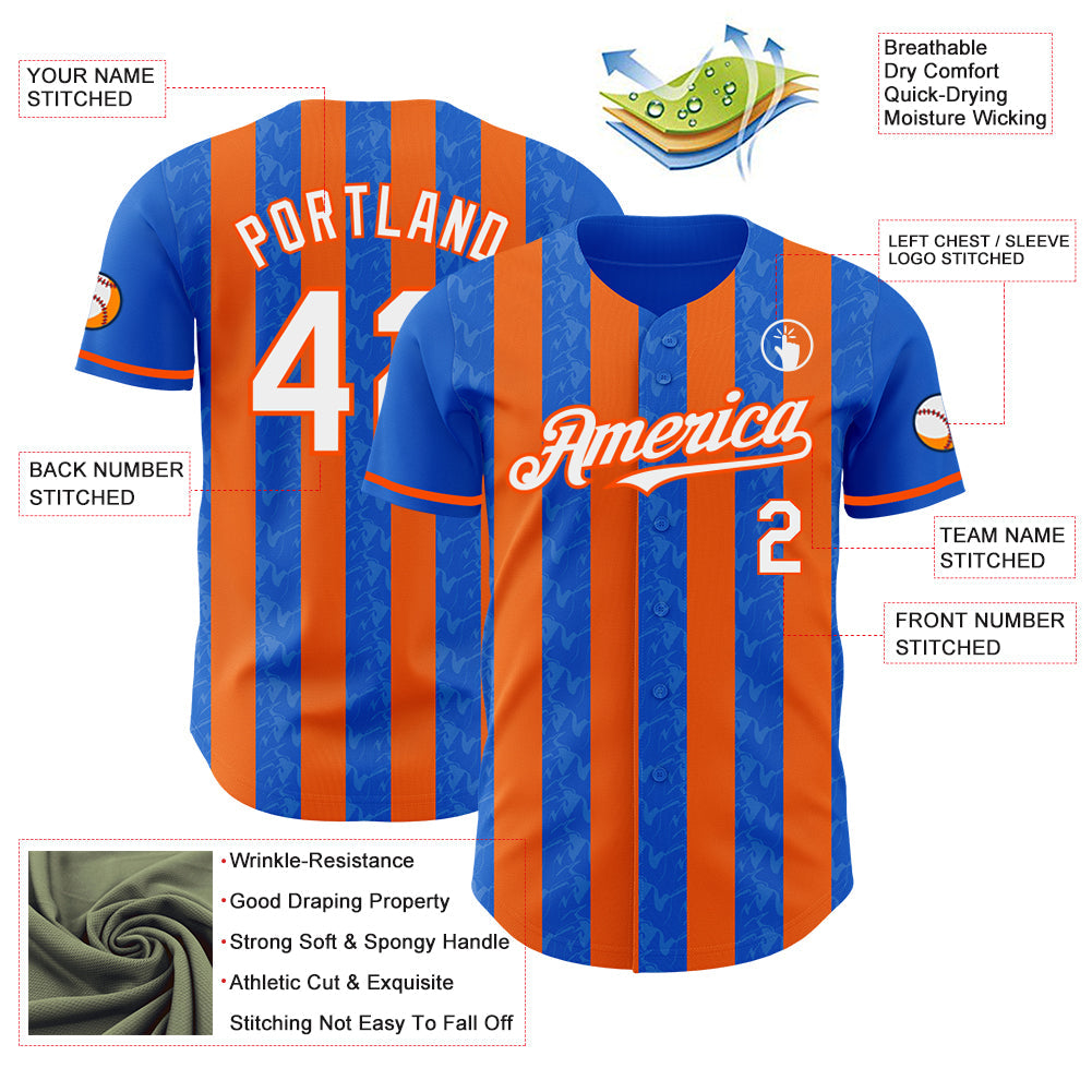 Custom Thunder Blue White-Orange Classic Vertical Stripe Fluid Liquid Texture Authentic Baseball Jersey view 3