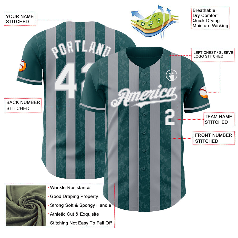 Custom Midnight Green White-Gray Classic Vertical Stripe Fluid Liquid Texture Authentic Baseball Jersey view 3