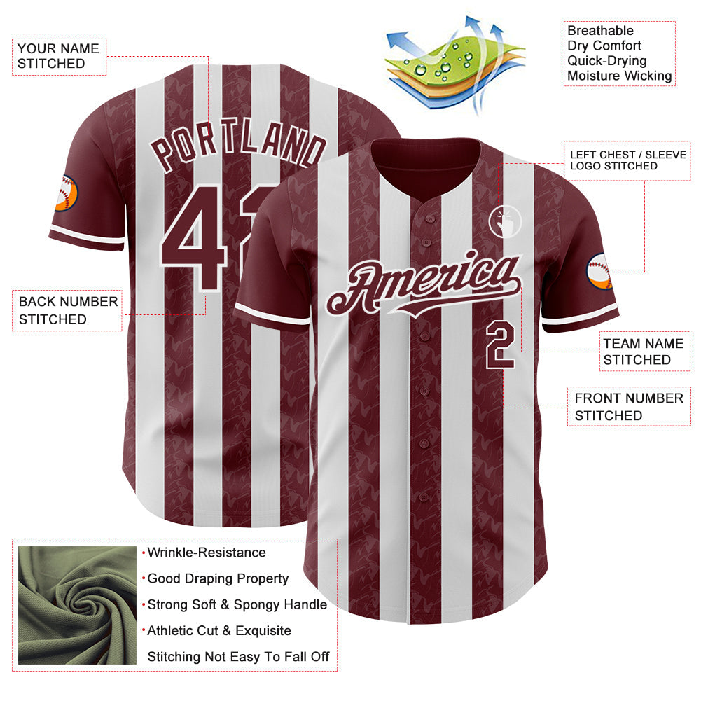 Custom Burgundy-White Classic Vertical Stripe Fluid Liquid Texture Authentic Baseball Jersey view 3
