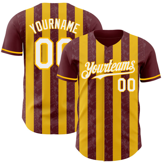 Custom Burgundy White-Gold Classic Vertical Stripe Fluid Liquid Texture Authentic Baseball Jersey - Main View