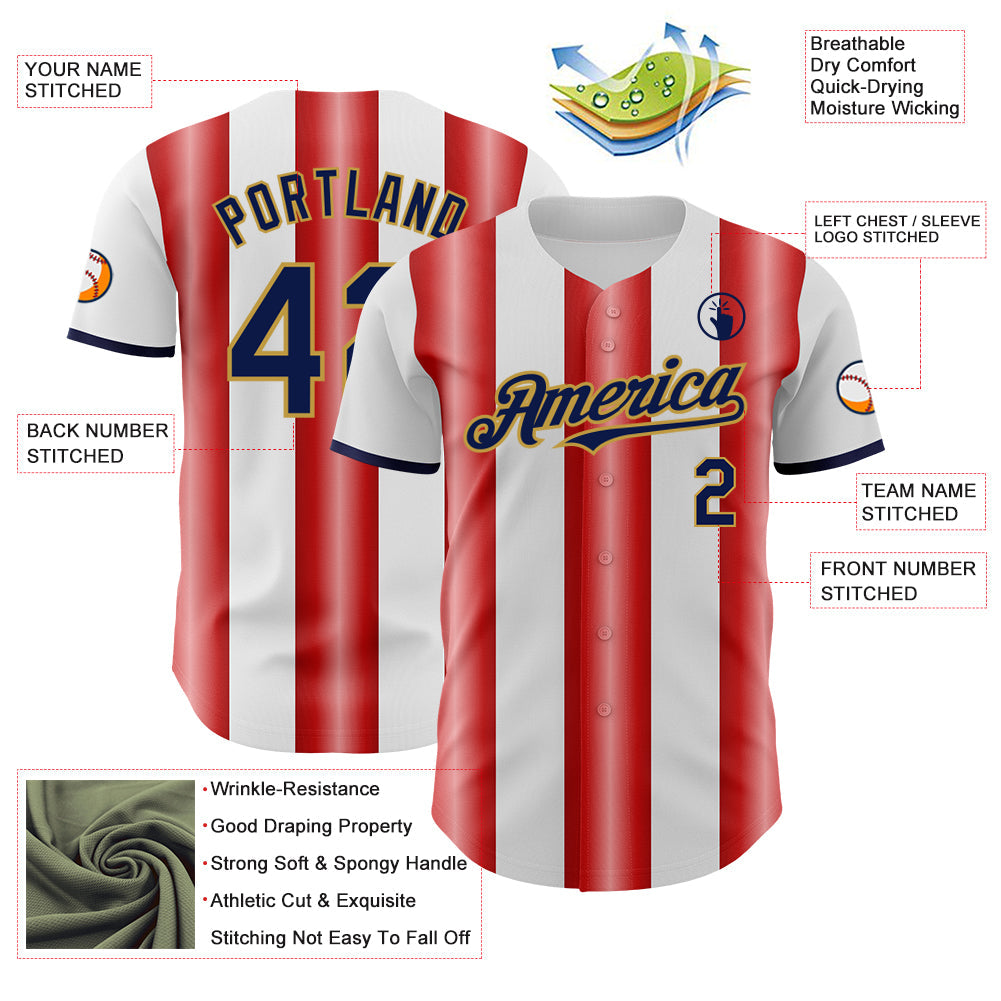 Custom White Navy Red-Old Gold Gradient Vertical Stripe Argentina Style Authentic Baseball Jersey view 3