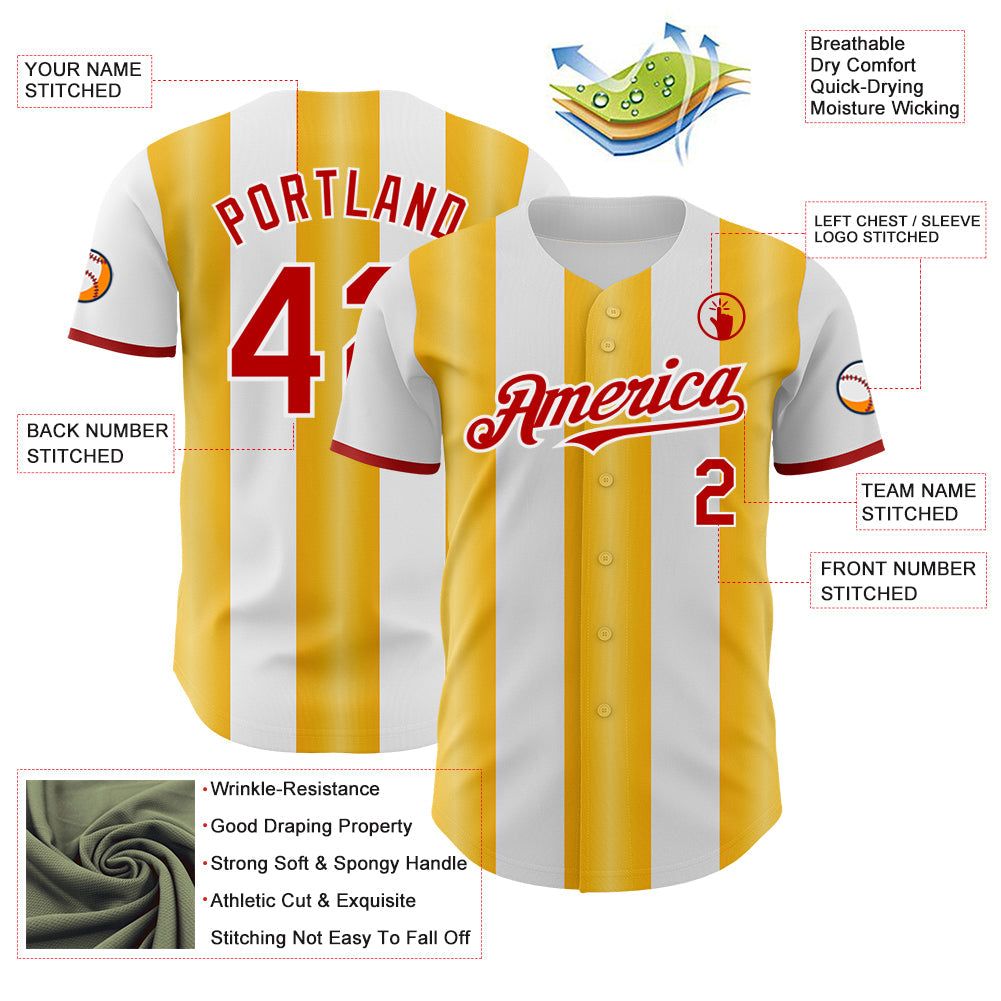 Custom White Red-Gold Gradient Vertical Stripe Argentina Style Authentic Baseball Jersey view 3