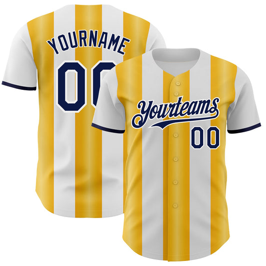 Custom White Navy-Gold Gradient Vertical Stripe Argentina Style Authentic Baseball Jersey - Main View