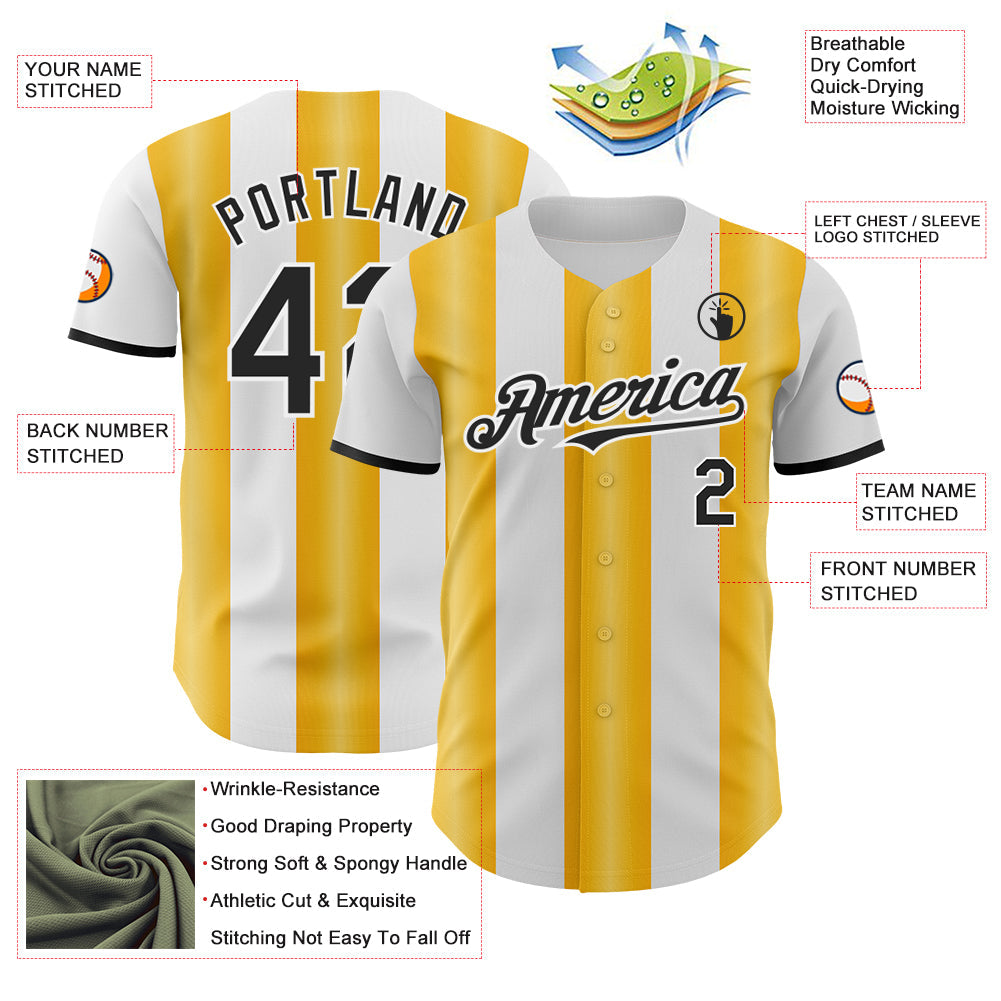Custom White Black-Gold Gradient Vertical Stripe Argentina Style Authentic Baseball Jersey view 3