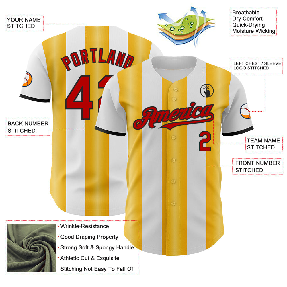Custom White Red Gold-Black Gradient Vertical Stripe Argentina Style Authentic Baseball Jersey view 3