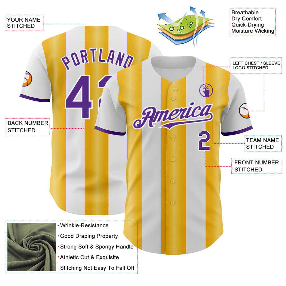 Custom White Purple-Gold Gradient Vertical Stripe Argentina Style Authentic Baseball Jersey view 3