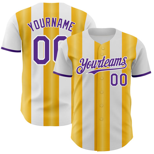 Custom White Purple-Gold Gradient Vertical Stripe Argentina Style Authentic Baseball Jersey - Main View