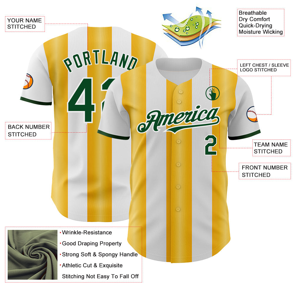 Custom White Green-Gold Gradient Vertical Stripe Argentina Style Authentic Baseball Jersey view 3