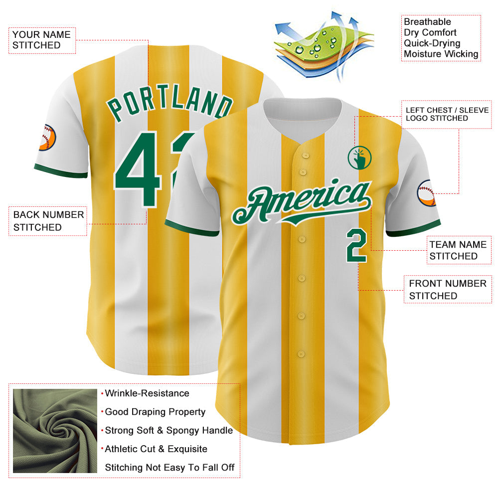 Custom White Kelly Green-Gold Gradient Vertical Stripe Argentina Style Authentic Baseball Jersey view 3