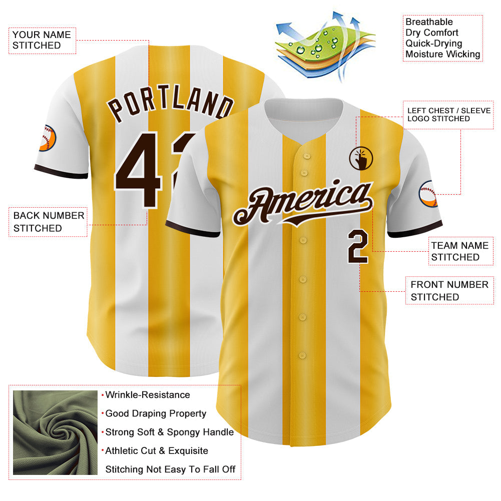 Custom White Brown-Gold Gradient Vertical Stripe Argentina Style Authentic Baseball Jersey view 3