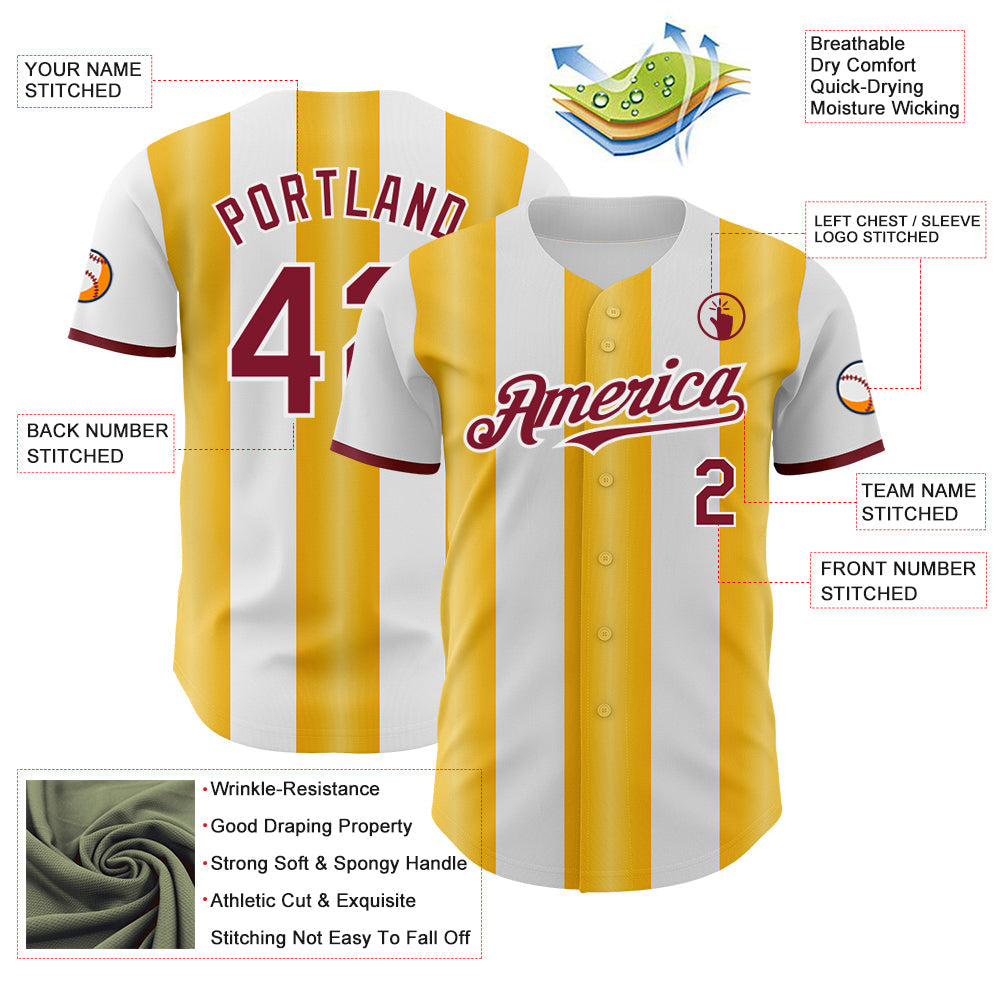 Custom White Crimson-Gold Gradient Vertical Stripe Argentina Style Authentic Baseball Jersey view 3