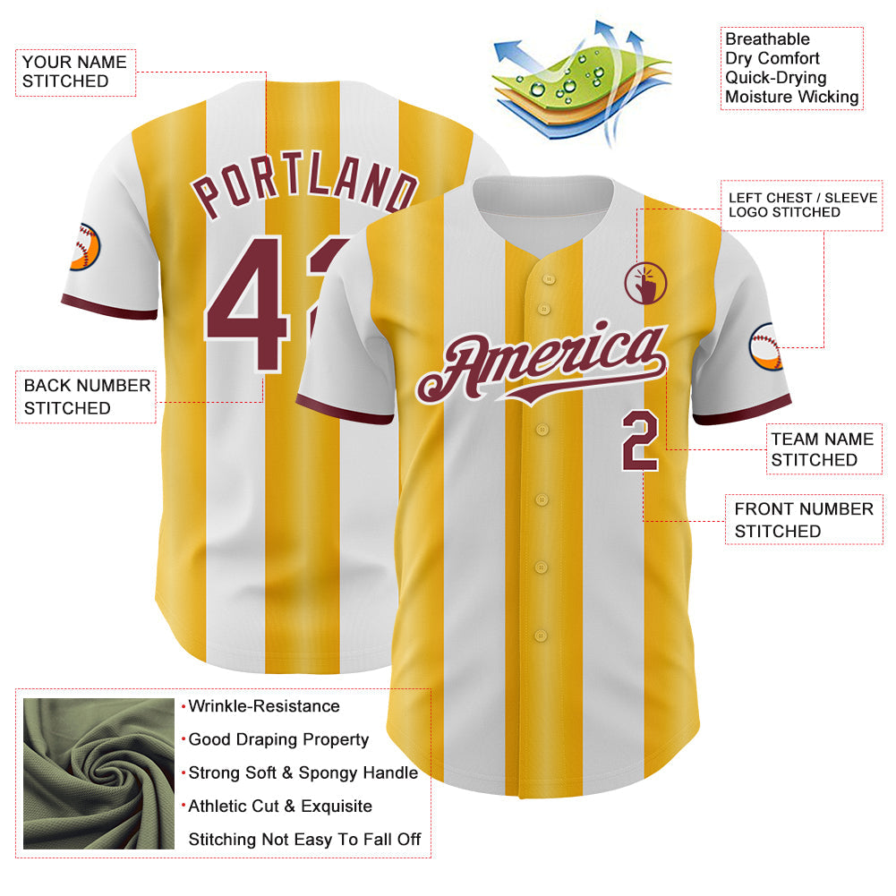 Custom White Burgundy-Gold Gradient Vertical Stripe Argentina Style Authentic Baseball Jersey view 3