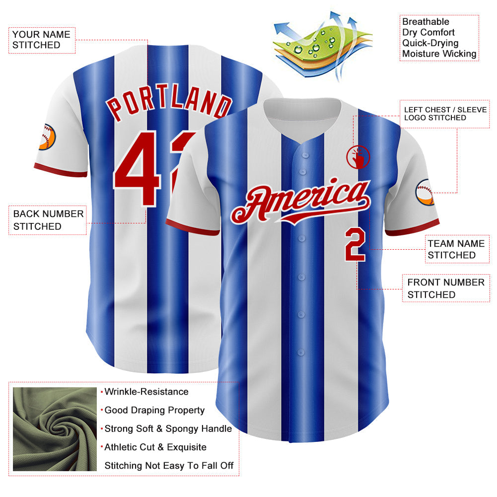 Custom White Red-Royal Gradient Vertical Stripe Argentina Style Authentic Baseball Jersey view 3