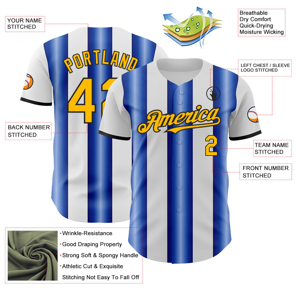 Custom White Gold Royal-Black Gradient Vertical Stripe Argentina Style Authentic Baseball Jersey view 3