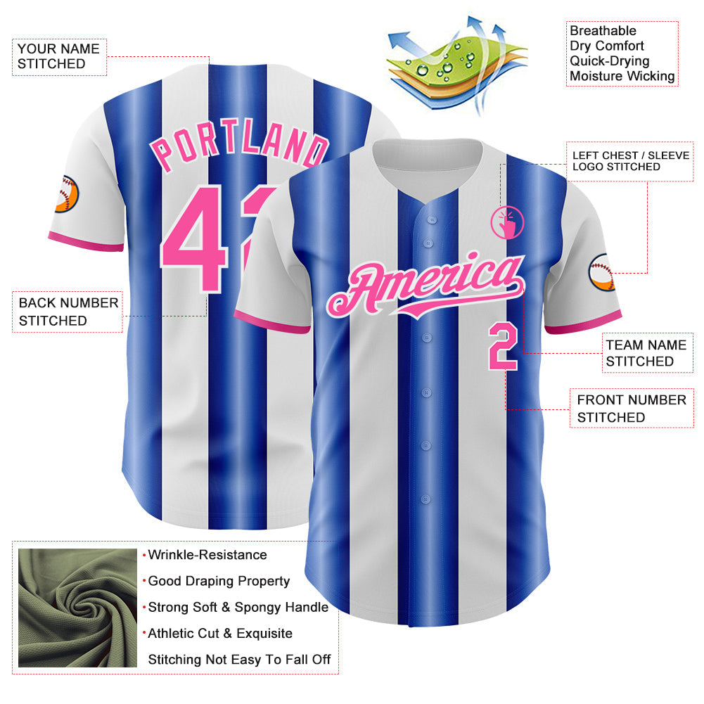 Custom White Pink-Royal Gradient Vertical Stripe Argentina Style Authentic Baseball Jersey view 3