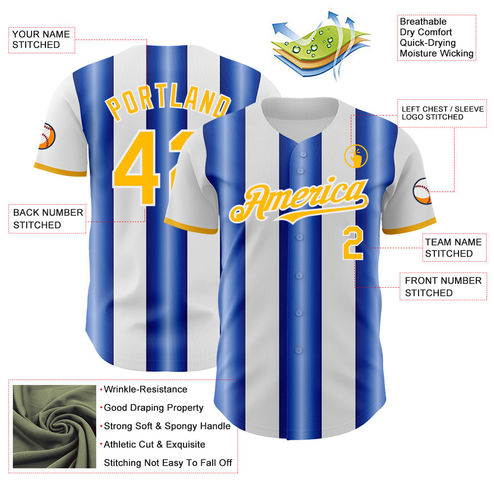 Custom White Gold-Royal Gradient Vertical Stripe Argentina Style Authentic Baseball Jersey view 3