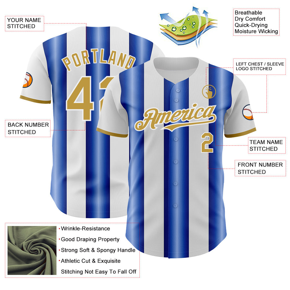 Custom White Old Gold-Royal Gradient Vertical Stripe Argentina Style Authentic Baseball Jersey view 3