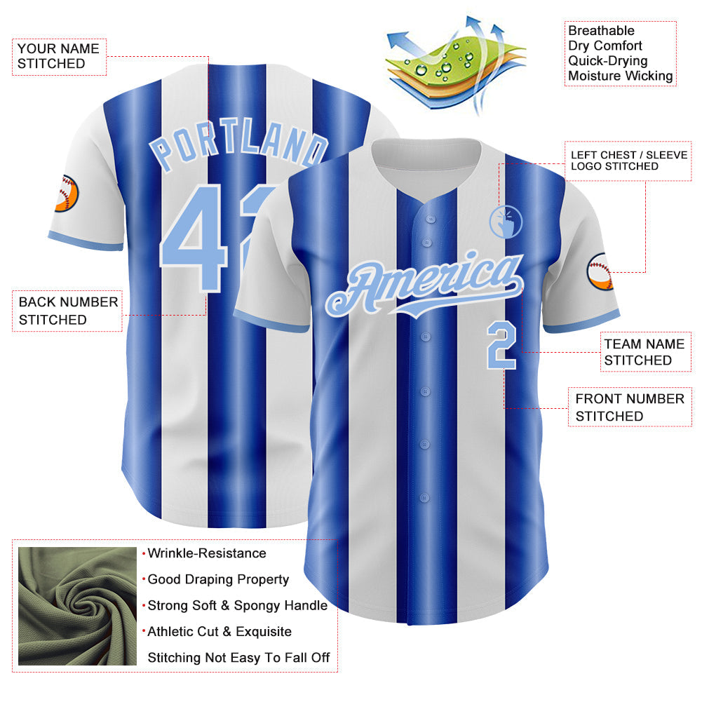 Custom White Light Blue-Royal Gradient Vertical Stripe Argentina Style Authentic Baseball Jersey view 3