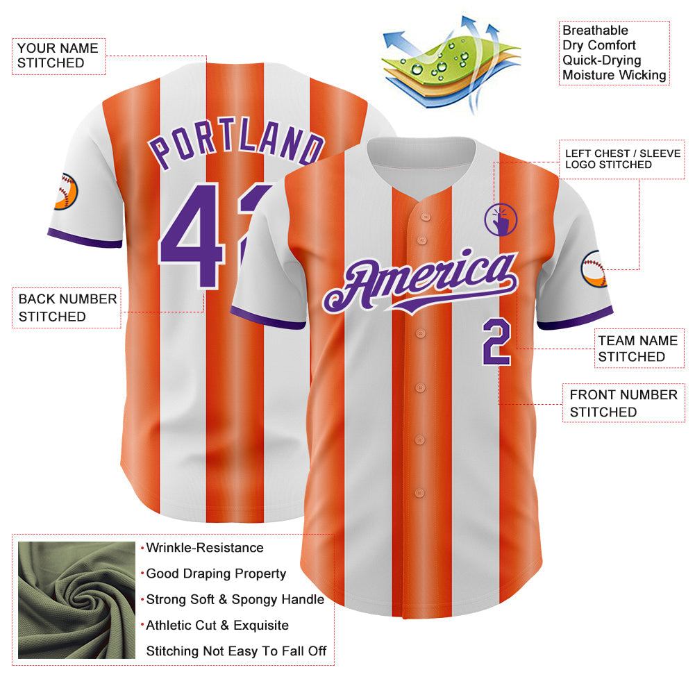 Custom White Purple-Orange Gradient Vertical Stripe Argentina Style Authentic Baseball Jersey view 3