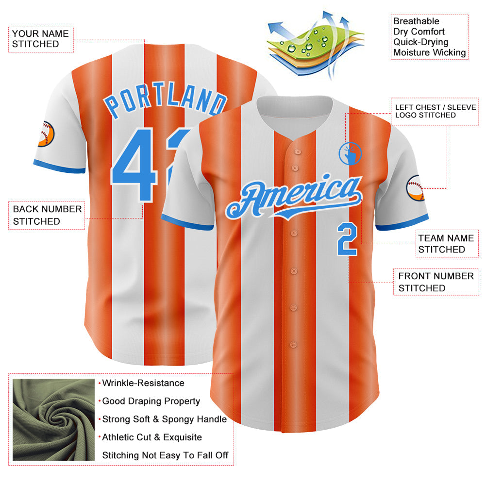 Custom White Electric Blue-Orange Gradient Vertical Stripe Argentina Style Authentic Baseball Jersey view 3