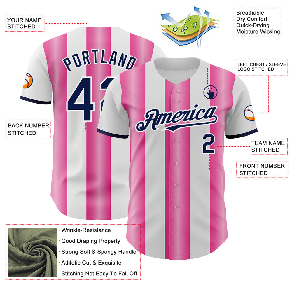 Custom White Navy-Pink Gradient Vertical Stripe Argentina Style Authentic Baseball Jersey view 3