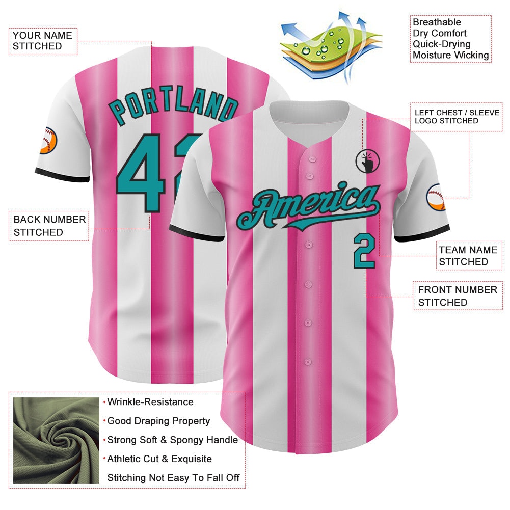 Custom White Teal Pink-Black Gradient Vertical Stripe Argentina Style Authentic Baseball Jersey view 3