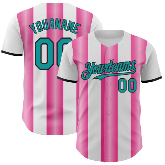 Custom White Teal Pink-Black Gradient Vertical Stripe Argentina Style Authentic Baseball Jersey - Main View