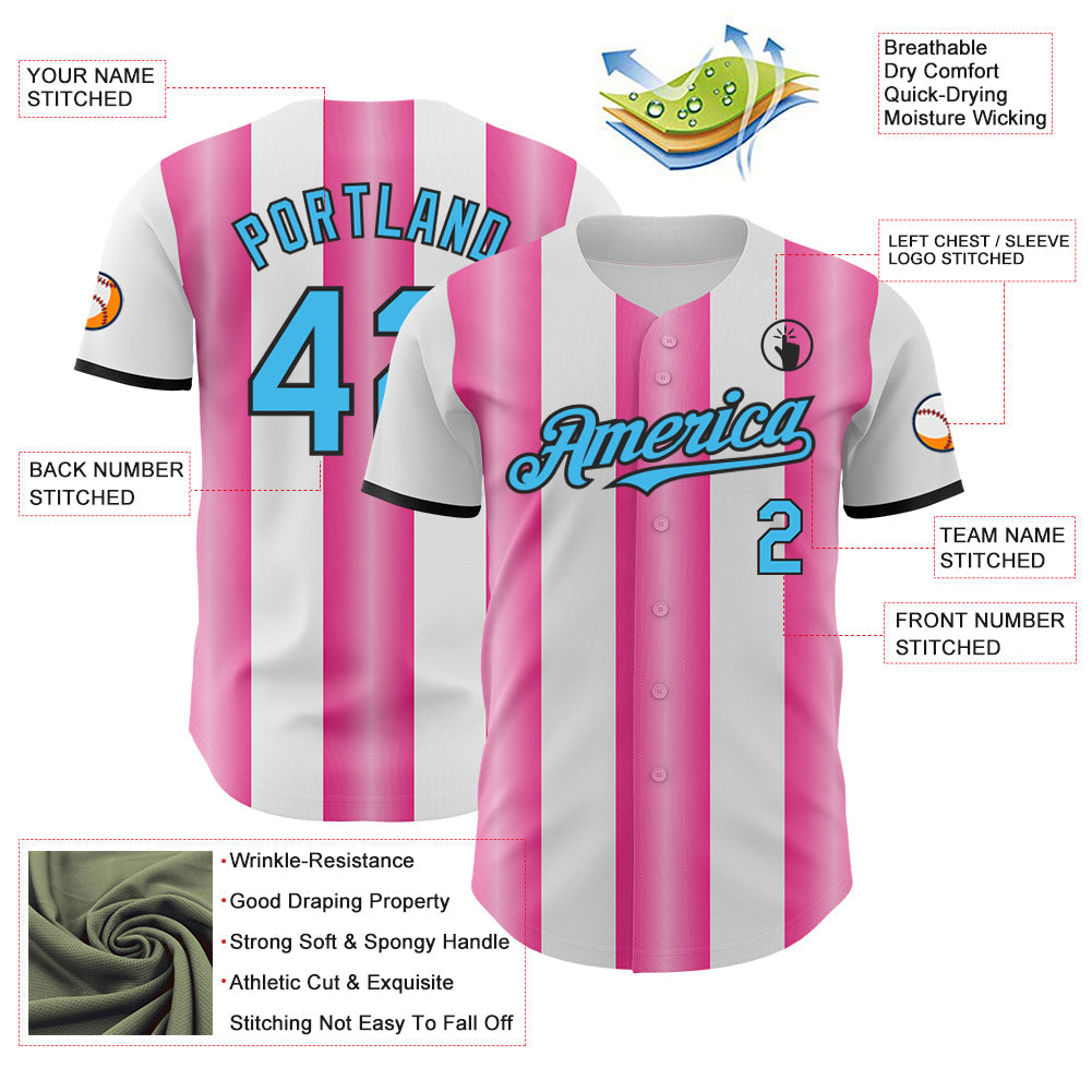 Custom White Sky Blue Pink-Black Gradient Vertical Stripe Argentina Style Authentic Baseball Jersey view 3