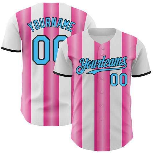 Custom White Sky Blue Pink-Black Gradient Vertical Stripe Argentina Style Authentic Baseball Jersey - Main View